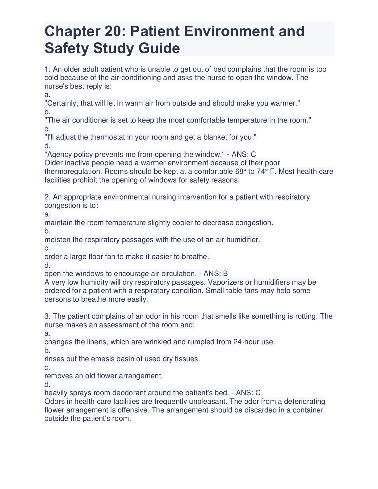 Chapter 20 Patient Environment and Safety Study Guide Browsegrades